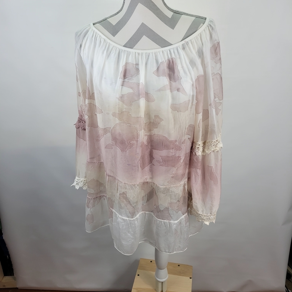 Belle France Silk Italian Boho Peasant Flowy Top Tiered Lined Sheer Lace Size M